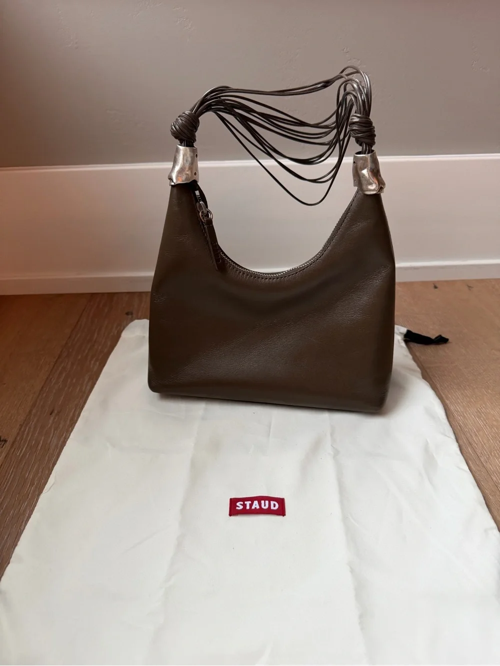 STAUD Olive Green Leather Knotted-Handle Hobo with Silver Accents